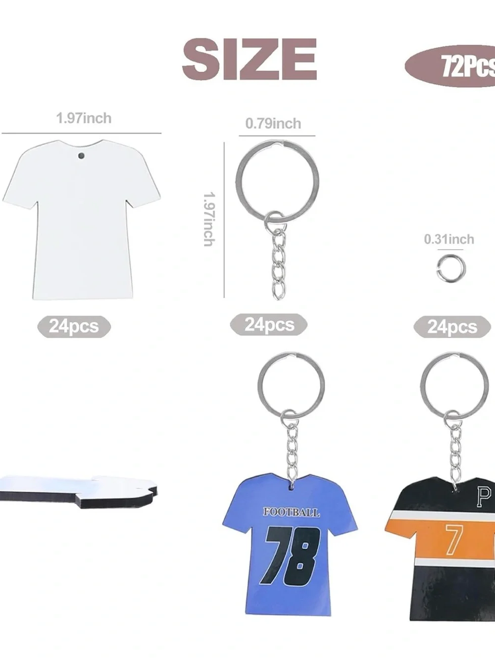 72-Piece Sublimation Keychain Blanks Set – T-Shirt Shape with Key Rings